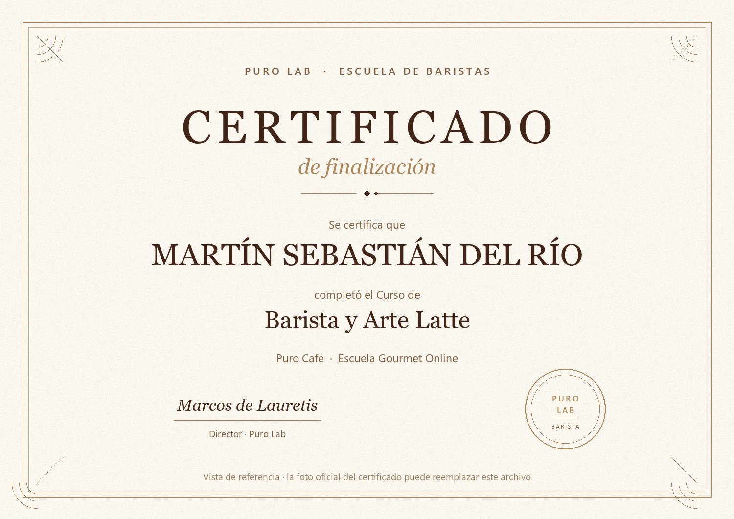 Certificado de Barista y Arte Latte de Martín Sebastián del Río, Puro Lab